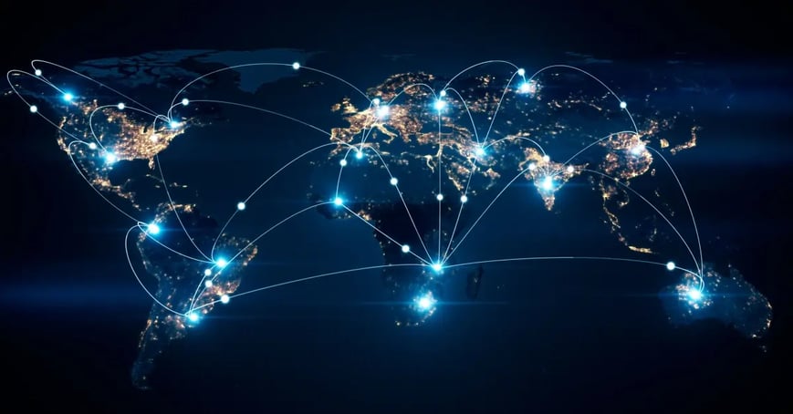 A night view of the world map with some country destinations marked in a white dot