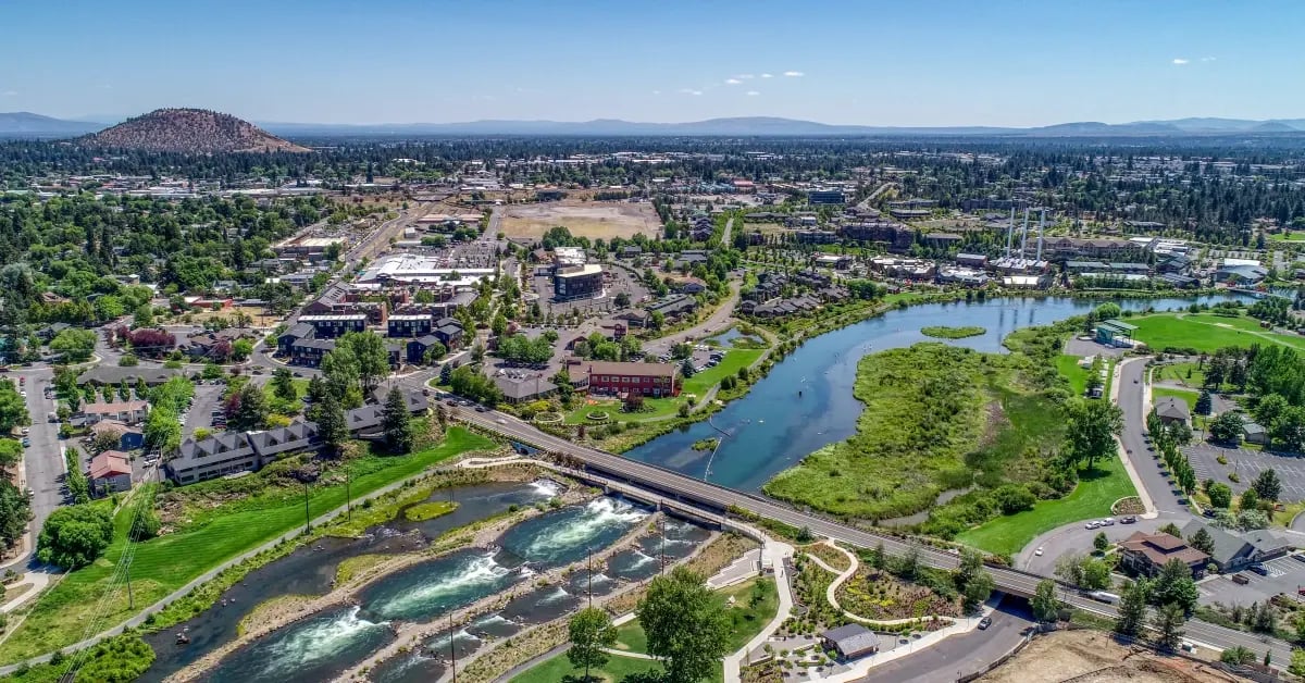Aerial view of Bend, Oregon as an off the beaten path meeting destination_