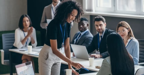 Team meeting in a hotel meeting space for a work gathering