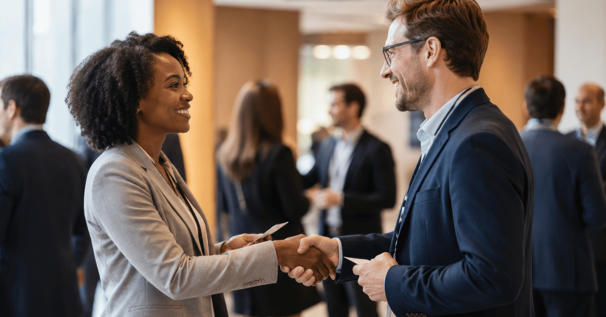 Attendees shaking hands in a meeting